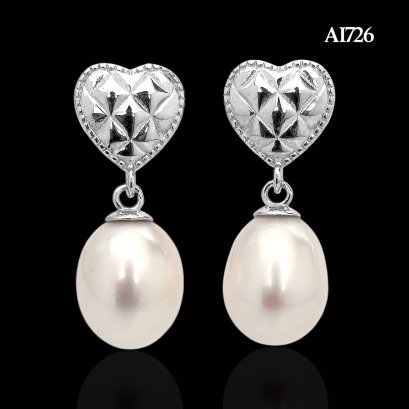 Approx. 8.0 mm, Freshwater Pearl, Heart Caviar Leather Pattern Dangle Pearl Stud Earrings