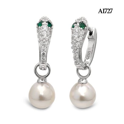 Approx. 8.0 mm, Akoya Pearl, Cobra CZ Paved Latch Back Earrings with Pearl Jacket