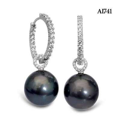 13.6 mm and 13.9 mm, Tahitian Pearl, Hoop CZ Paved with Pearl Jacket