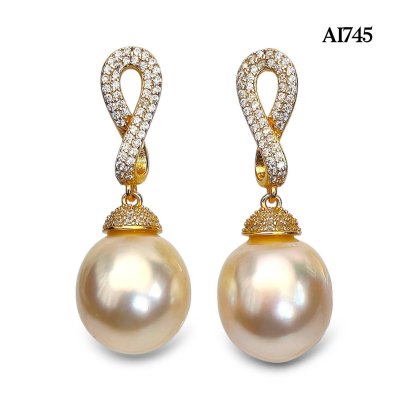 13.7 mm and 13.7 mm, Gold South Sea Pearl, Infinity CZ Paved Dangle Pearl Stud Earrings