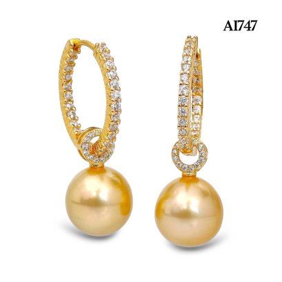 Approx. 11.0 mm, Gold South Sea Pearl, Hoop CZ Earrings with Pearl Jacket