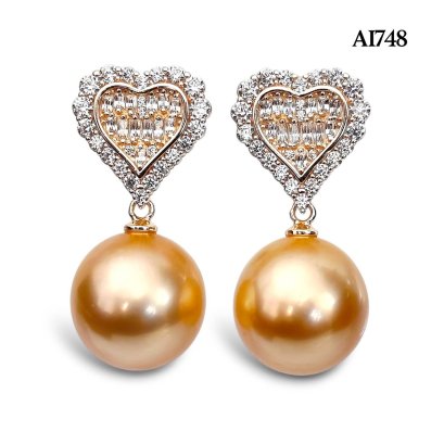 Approx. 12.0 mm, Gold South Sea Pearl, Heart CZ Paved Dangle Pearl Stud Earrings