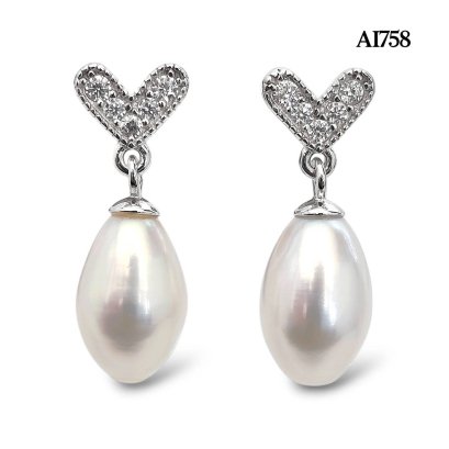 Approx. 6.0 - 6.5 mm, Freshwater Pearl, Heart CZ Paved Dangle Pearl Stud Earrings