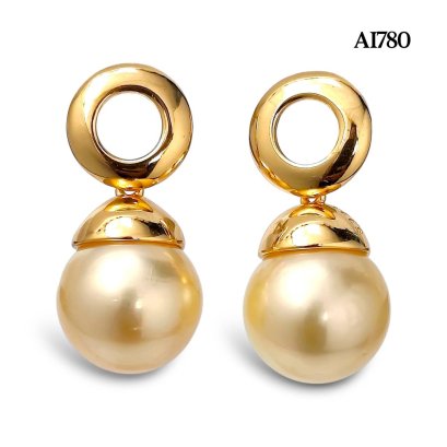 Approx. 11.0 mm, Gold South Sea Pearl, Donut Dangle Pearl Stud Earrings