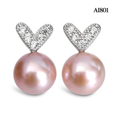 Approx. 8.0 mm, Edison Pearl, Heart CZ Pearl Stud Earrings