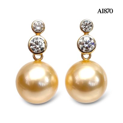11.5 mm and 11.6 mm, Gold South Sea Pearl, Double Daiamond Dangle Pearl Stud Earrings