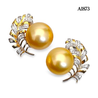 10.6 mm and 10.6 mm, Gold South Sea Pearl, Plume Daiamond Paved Pearl Stud Earrings
