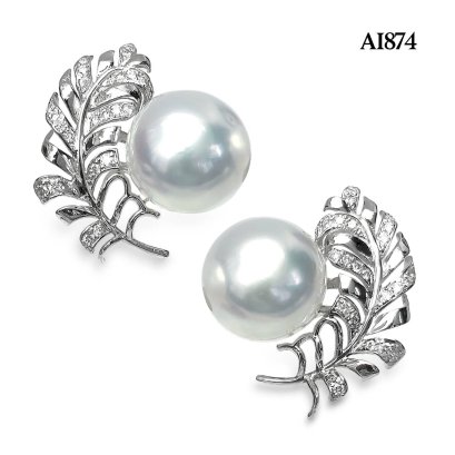 9.6 mm and 9.7 mm, White South Sea Pearl, Plume Diamond Paved Pearl Stud Earrings