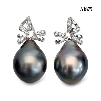 Approx. 9.0 mm, Lunar Gray Lot, Tahitian Pearl, Bow Diamond Pearl Stud Earrings