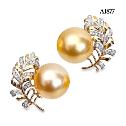 10.5 mm and 10.6 mm, Gold South Sea Pearl, Plume Diamond Paved Pearl Stud Earrings