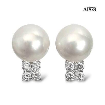 9.8 mm and 9.9 mm, White South Sea Pearl, Flower Diamond Pearl Stud Earrings