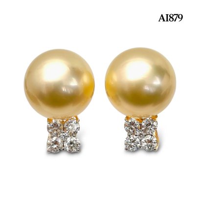 10.7 mm and 10.8 mm, Gold South Sea Pearl, Pearl Diamond Flower Stud Earrings