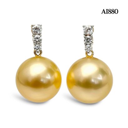 11.4 mm and 11.5 mm, Gold South Sea Pearl, Three Stones Diamond Pearl Stud Earrings