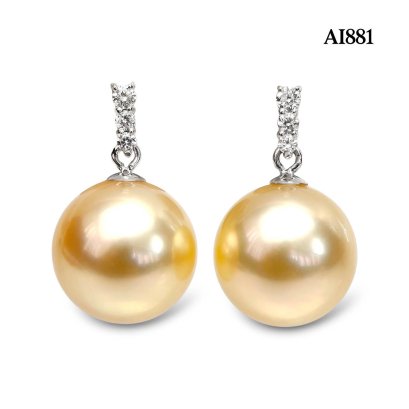 11.2 mm and 11.3 mm, Gold South Sea Pearl, Three Stones Diamond Row Dangle Pearl Stud Earrings