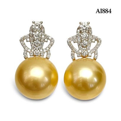 11.0 mm and 11.2 mm, Gold South Sea Pearl, Diamond Crown Pearl Stud Earrings