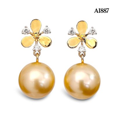 11.5 mm and 11.6 mm, Gold South Sea Pearl, Flower Diamond Pearl Stud Earrings