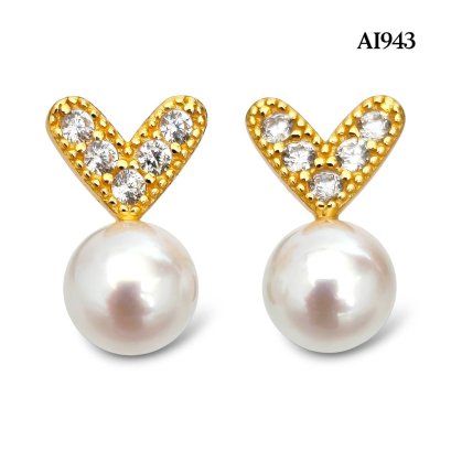 Approx. 6.0 mm, Moonlight Lot, Akoya Pearl, Heart CZ Paved Pearl Stud Earrings