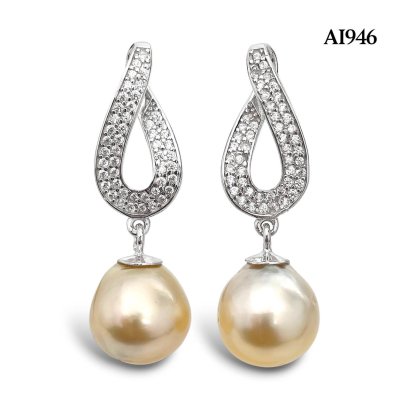 Approx. 8.5 - 9.0 mm, Brown Sugar Lot, Gold South Sea Pearl, Infinity CZ Paved Dangle Pearl Stud Earrings