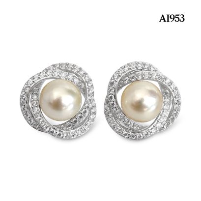 Approx. 7.5 mm up, Moonlight Lot, Akoya Pearl, Double Twisted Halo Solitaire Pearl Stud Earrings