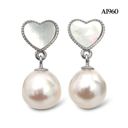 Approx. 8.0 mm, Akoya Pearl, Heart MOP Dangle Pearl Stud Earrings