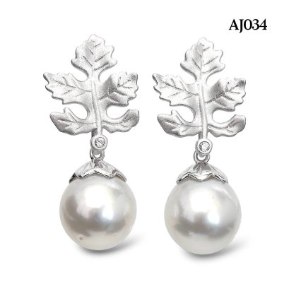 13.0 mm and 13.0 mm, White South Sea Pearl, Leaf Dangle Pearl Stud Earrings
