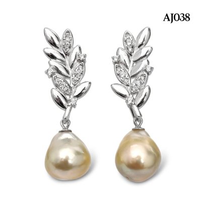 Approx. 10.0 mm, Gold South Sea Pearl, Olive Leaves Dangle Pearl Stud Earrings
