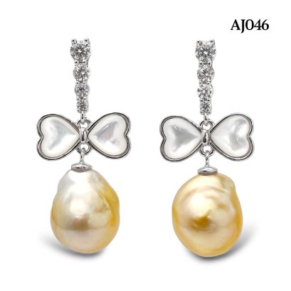 Approx. 9.0 - 10.0 mm, Gold South Sea Pearl, Bow Heart Dangle Pearl Stud Earrings