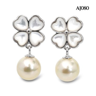 Approx. 7.0 mm, Moonlight Lot, Akoya Pearl, MOP Flower Dangle Pearl Stud Earrings