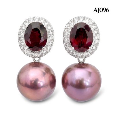 13.9 mm and 14.0 mm, Edison Pearl, Garnet Halo Zircon Hook Dangle Pearl Jacket