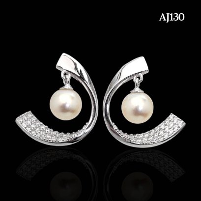 Approx. 7.0 mm, Moonlight Lot, Akoya Pearl, Ribbon CZ Paved Dangle Pearl Stud Earrings