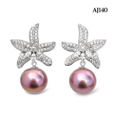 Approx. 13.0 - 14.0 mm, Edison Pearl, Lilly CZ Paved Pearl Stud Earrings