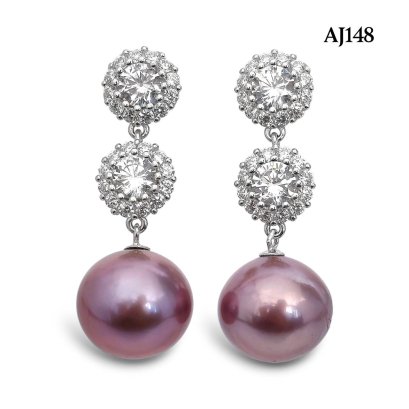Approx. 13.0 mm, Edison Pearl, Double CZ Halo Dangle Pearl Stud Earrings