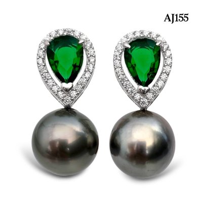 Approx. 8.0 - 9.0 mm, Tahitian Pearl, Drop CZ Pearl Stud Earrings