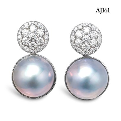 Approx. 13.0 mm, Blue Topia Lot, Amami Oshima Mabe Pearl, Coin Moissanite Paved Dangle Pearl Stud Earrings
