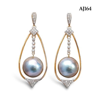 Approx. 13.0 mm, Blue Topia Lot, Amami Oshima Mabe Pearl, Royal Pearl Swing Moissanite Paved Stud Earrings