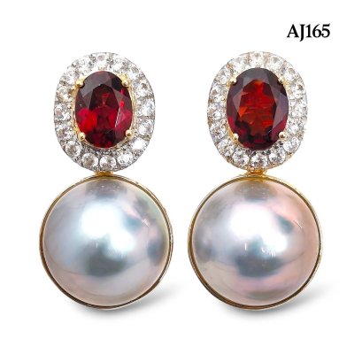 Approx. 13.0 mm, Blue Topia Lot, Amami Oshima Mabe Pearl, Garnet Halo White Zircon Paved Dangle Pearl Stud Earrings