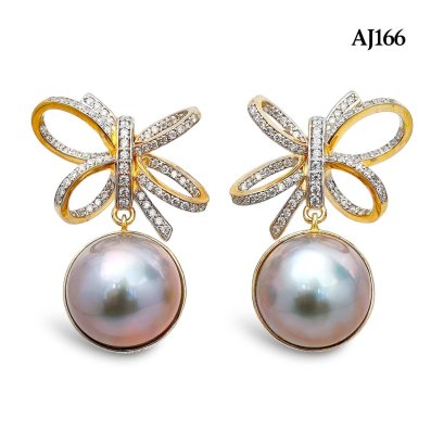 Approx. 13.0 mm, Blue Topia Lot, Amami Oshima Mabe Pearl, Bow Moissanite Paved Dangle Pearl Stud Earrings