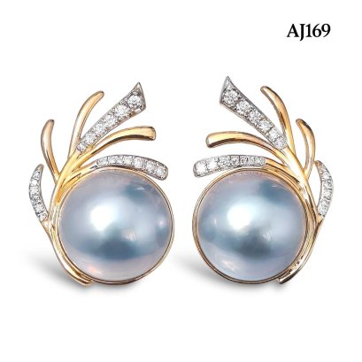 Approx. 13.0 mm, Blue Topia Lot, Amami Oshima Mabe Pearl, Plume Moissanite Paved Pearl Stud Earrings