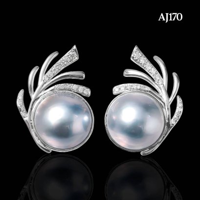 Approx. 13.0 mm, Blue Topia Lot, Amami Oshima Mabe Pearl, Plume Moissanite Paved Pearl Stud Earrings