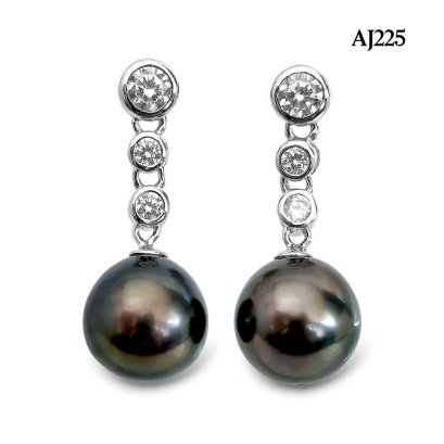 Approx. 9.0 mm, Tahitian Pearl, Three Stones Dangle Pearl Stud Earrings