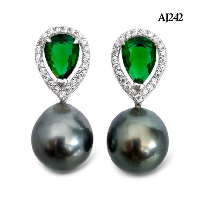 9.1 mm and 9.2 mm, Tahitian Pearl, Drop CZ Pearl Stud Earrings