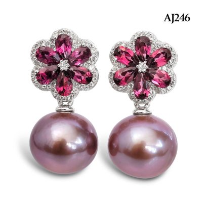 12.6 mm and 12.8 mm, Edison Pearl, Flower Garnet Dangle Pearl Stud Earrings