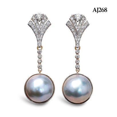 Approx. 13.0 mm up, Amami Oshima Mabe Pearl, Cabaret Diamond Stripe Dangle Pearl Stud Earrings