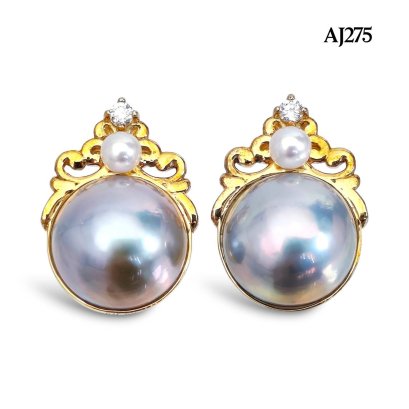 Approx. 13.0 mm, Amami Oshima Mabe Pearl, Royal Crown Pearl Stud Earrings