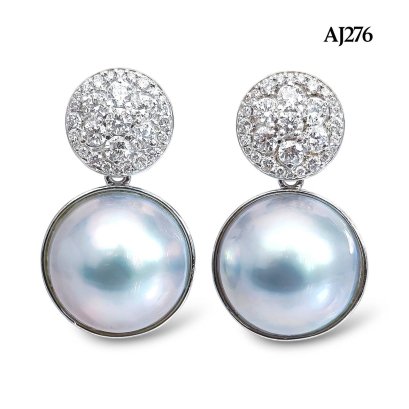 Approx. 13.0 mm, Amami Oshima Mabe Pearl, Coin Flower Diamond Paved Dangle Pearl Stud Earrings