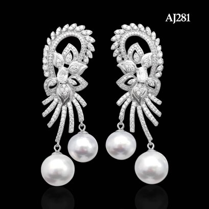 Approx. 12.0 - 13.0 mm, White South Sea Pearl, Garland Moissanite Paved Dangle Pearl Stud Earrings