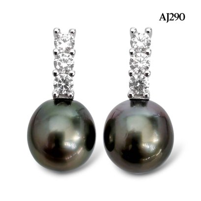 Approx. 8.0 - 9.0 mm, Tahitian Pearl, Three Stones Pearl Stud Earrings