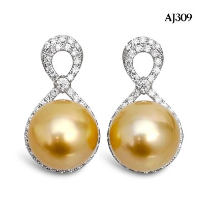 Approx. 11.0 mm, Gold South Sea Pearl, Infinity Pearl Stud Earrings