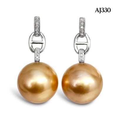 13.1 mm and 13.1 mm, Gold South Sea Pearl, CD Diamond Dangle Pearl Stud Earrings