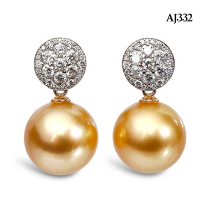 Approx. 14.0 mm, Gold South Sea Pearl, Flower Diamond Paved Coin Dangle Pearl Stud Earrings